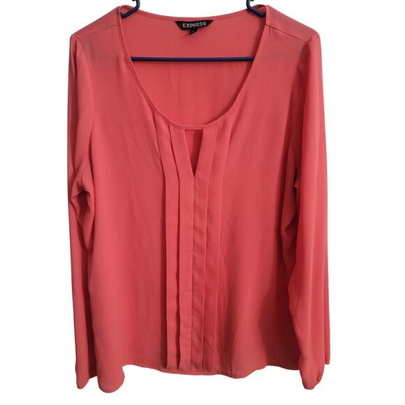 Express Tops - Express Women's Sheer Polyester Scoop Neck Bright Coral Blouse Shirt Size L